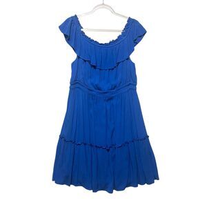 Tommy Bahama Blue Lined Dress Ruffle Teired L Elastic Waist Resort Coastal Boho